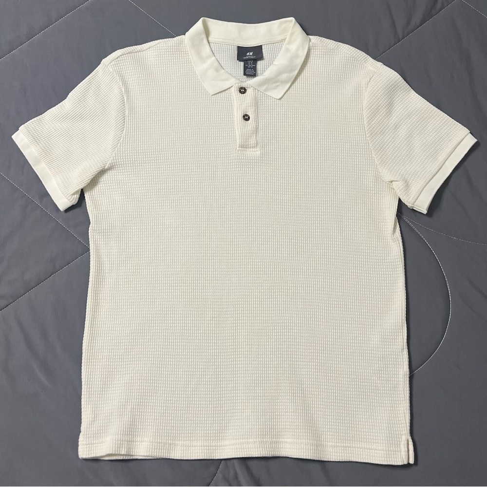 H&M Men’s Off-White Textured Slim Fit Polo Shirt Size M